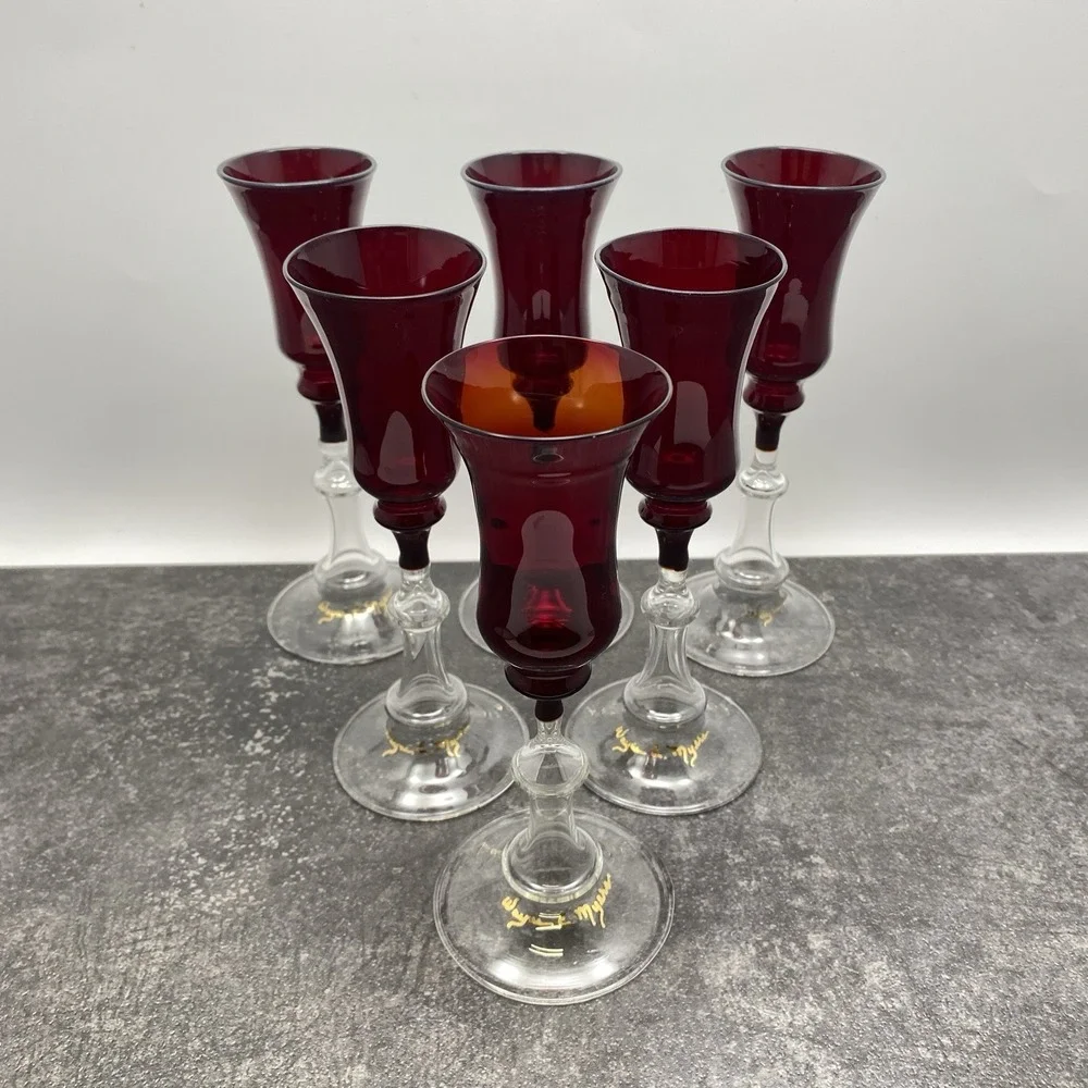 Vintage Set 6 Ruby Red Handblown Champagne Glasses Wayne E Myers 6.75
